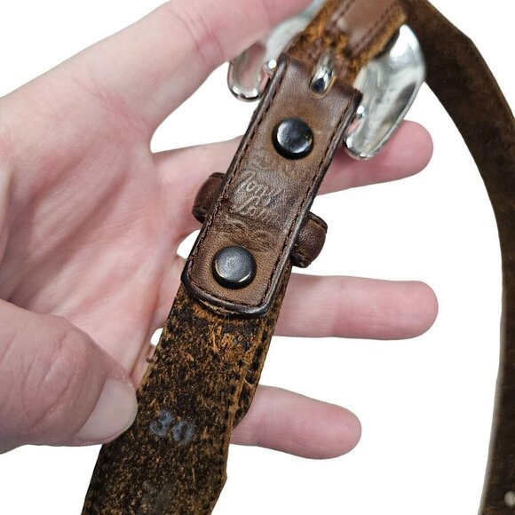 Tony Lama Rustic Leather Belt‎ Embossed Heart Concho Accents Silver Buckle sz 30 - Picture 4 of 14